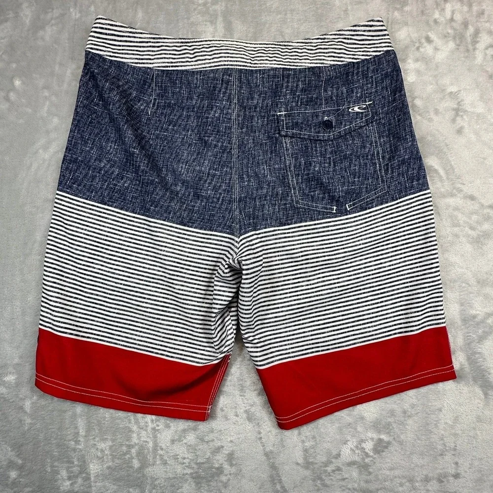 O'Neill Board Shorts Mens 32 Blue White‎ Red Striped Hyperfreak Swim Trunks